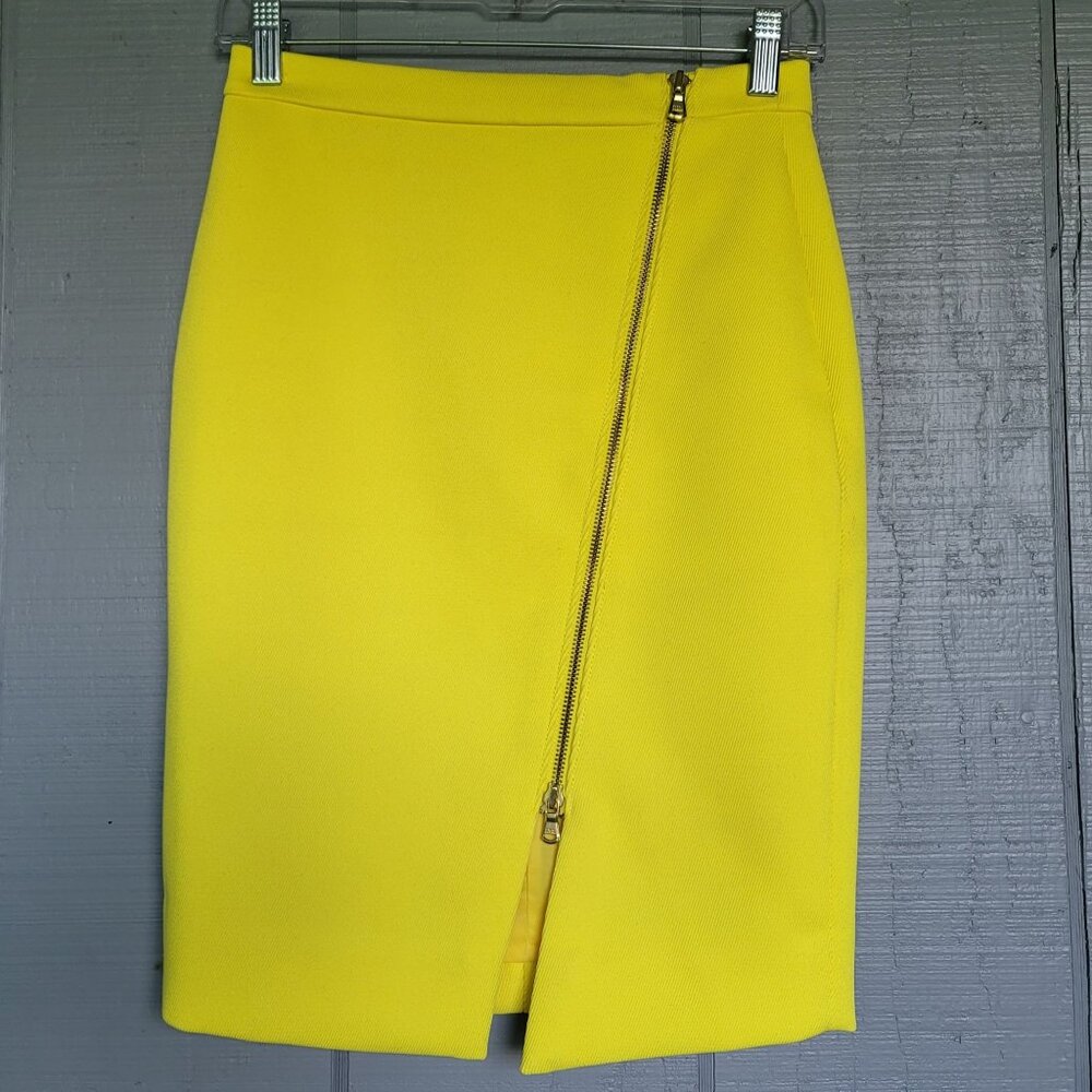 J. Crew Neon Yellow Pencil Gold Zip Front Career Chic Statement Skirt. Size 00P